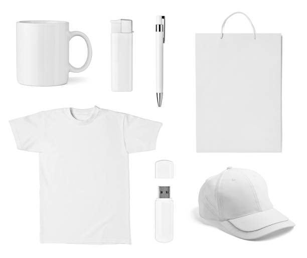 t shirt mug cup cap pen flash memory bag collection of  various white print templates on white background. each one is shot separately white cap stock pictures, royalty-free photos & images