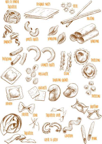 skizzieren sie vektor icons set italienische pasta-sorte - orecchiette stock-grafiken, -clipart, -cartoons und -symbole