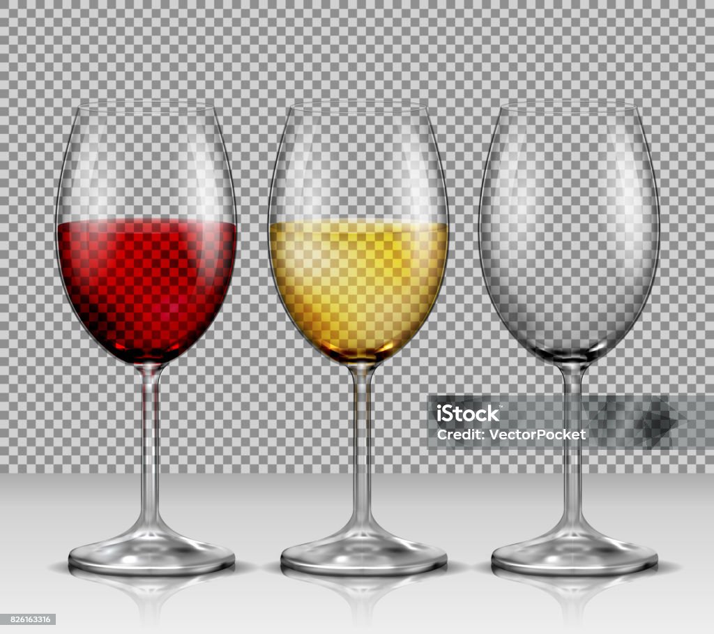 Set transparent vector wine glasses empty, with white and red wine Set of illustrations, transparent vector wine glasses empty, with white and red wine, isolated. Print, template, design element Drinking Glass stock vector