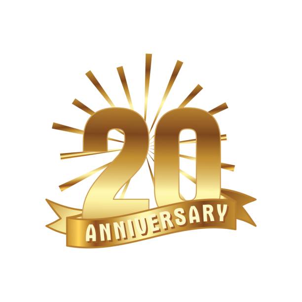 Anniversary golden twenty years number Anniversary golden twenty years number. 20th years festive icon and greeting with sunburst for invitation decor. Flat style vector illustration isolated on white background. Gold badge with ribbon senior birthday card stock illustrations