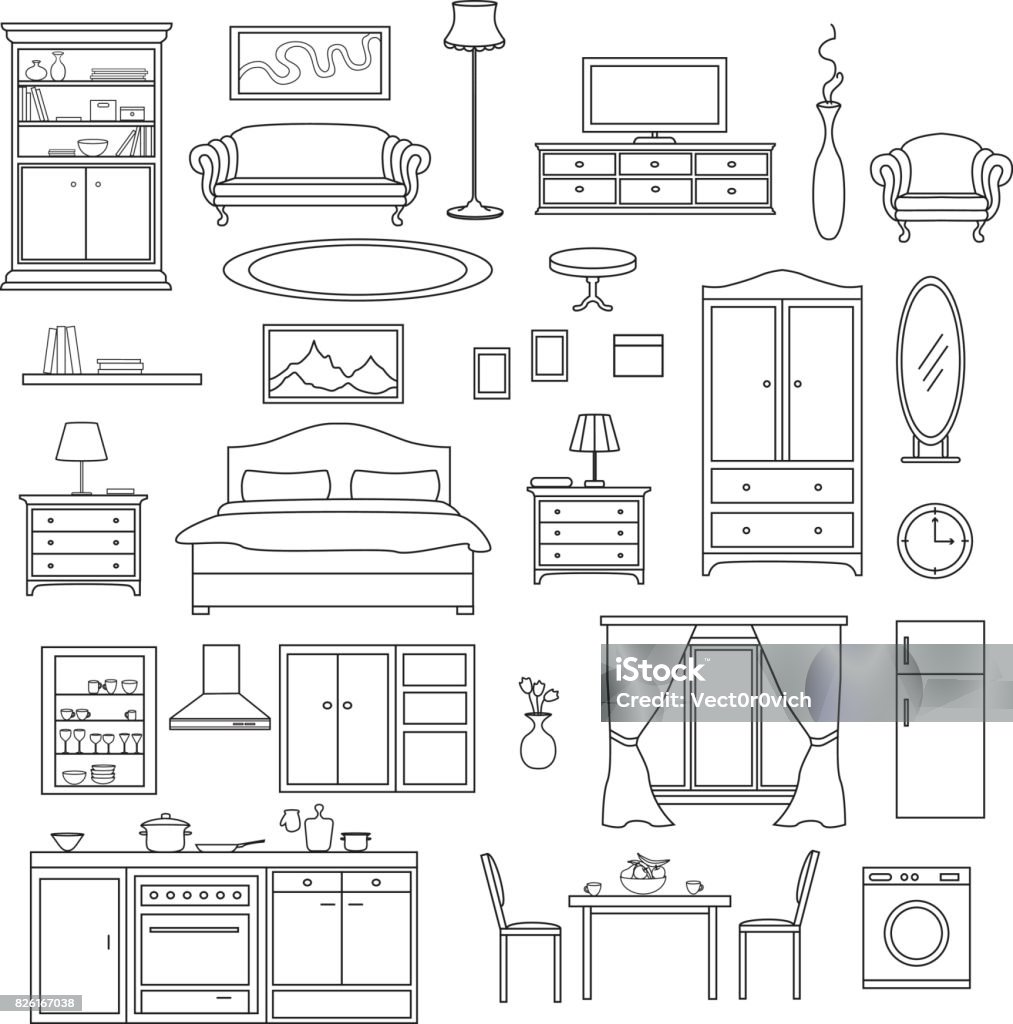 Furniture Items Set in linear style. Living Room, Bedroom, Kitchen Interior Elements. Bed - Furniture stock vector