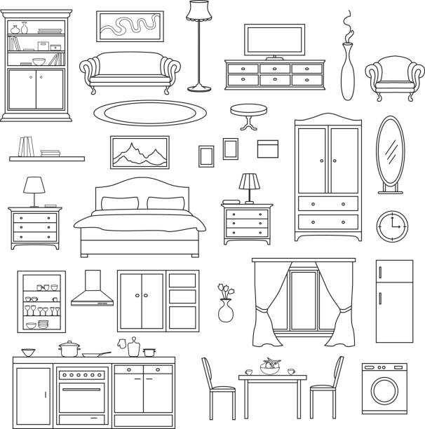 Furniture Items Set in linear style. Living Room, Bedroom, Kitchen Interior Elements. Furniture Items Set in linear style. Living Room, Bedroom, Kitchen Interior Elements. bed furniture stock illustrations