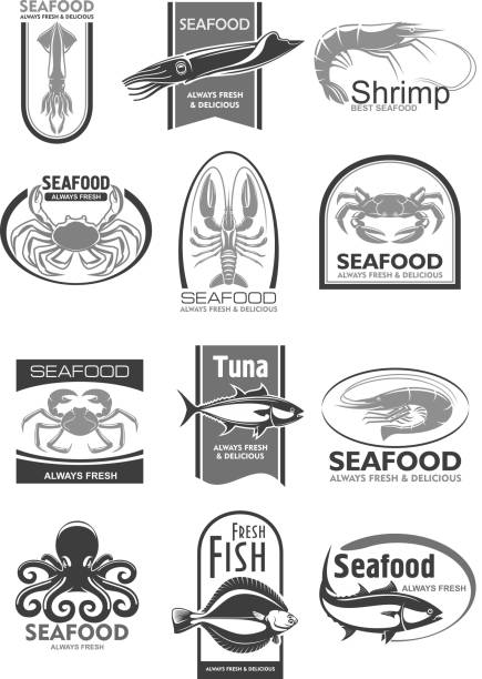 illustrazioni stock, clip art, cartoni animati e icone di tendenza di icone vettoriali per il mercato del pesce o il ristorante di pesce - catch of fish fish tuna sea bream