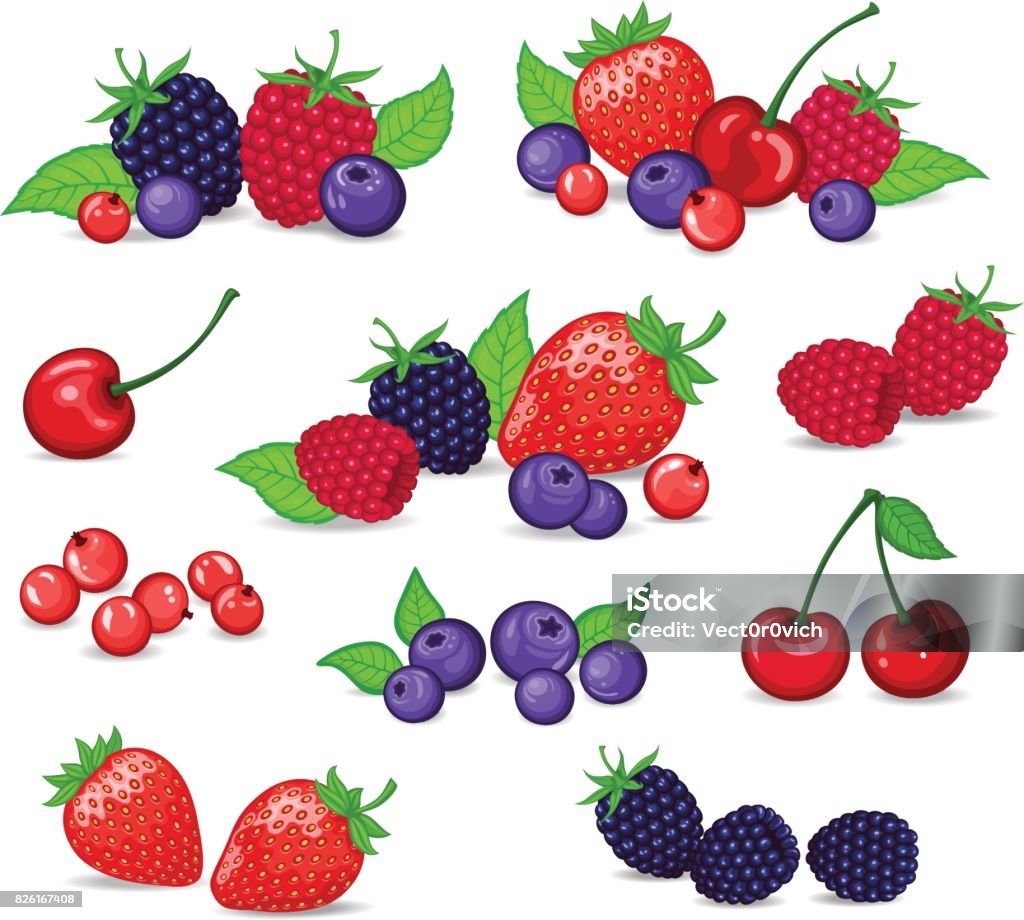 果実は、ベクター グラフィックを設定します。イチゴ、ブラックベリー、ブルーベリー、チェリー、ラズベリー、レッドカラント。ベリーとの組み合わせの設定 - 果実のロイヤリティフリーベクトルアート