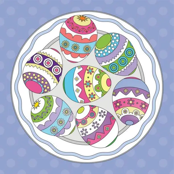 Vector illustration of Easter eggs on plate, top view. vector.