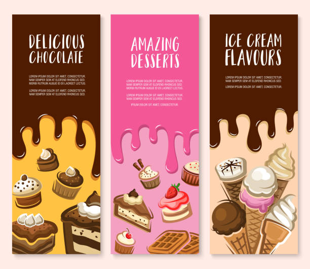 디저트, 아이스크림, 초콜릿 과자 배너 설정 - backgrounds candy ice cream dessert stock illustrations