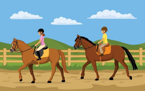 kinder, jungen und mädchen lernen reiten. landschaft-hintergrund - mounted stock-grafiken, -clipart, -cartoons und -symbole