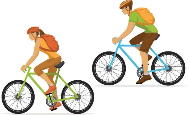 Vector illustration of Man and Woman with backpacks traveling on mountain bikes.