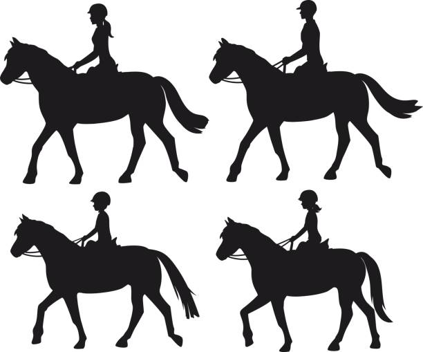 mann frau junge und mädchen silhouetten reitpferde. familie, paar und chirdren reiten ausbildung vektor-illustration - mounted stock-grafiken, -clipart, -cartoons und -symbole