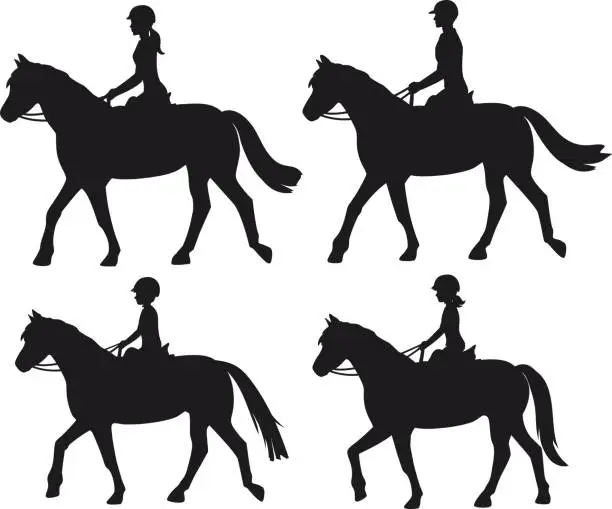 Vector illustration of Man woman boy and girl silhouettes riding horses. Family, Couple and chirdren horseback training vector illustration