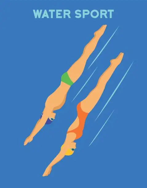 Vector illustration of Woman and Man Diving into pool. Water sports