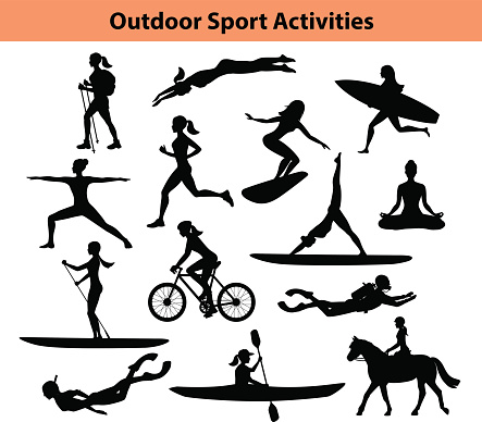 Outdoor Training Sport Activities. Female Silhouette.  Woman Swimming, Trekking, Running, Cycling, Doing Yoga, Hiking, Scuba Diving, Kayaking, Stand up paddle boarding, Surfing, Snorkeling, Horse Riding