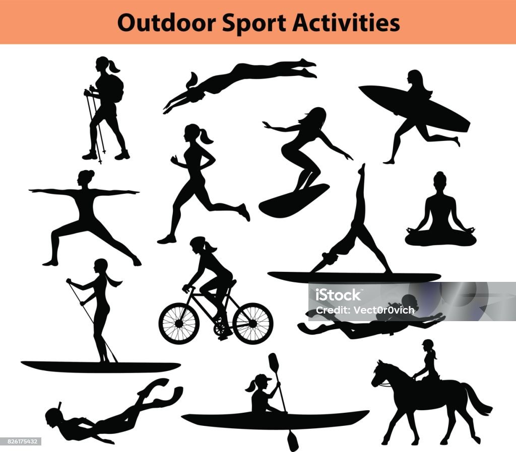 Outdoor Training Sport Activities. Female Silhouette.  Woman Swimming, Trekking, Running, Cycling, Doing Yoga, Hiking, Scuba Diving, Kayaking Outdoor Training Sport Activities. Female Silhouette.  Woman Swimming, Trekking, Running, Cycling, Doing Yoga, Hiking, Scuba Diving, Kayaking, Stand up paddle boarding, Surfing, Snorkeling, Horse Riding In Silhouette stock vector
