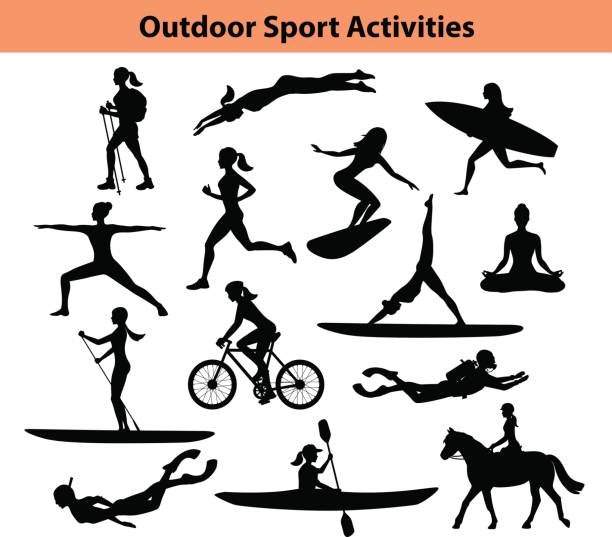 Outdoor Training Sport Activities. Female Silhouette.  Woman Swimming, Trekking, Running, Cycling, Doing Yoga, Hiking, Scuba Diving, Kayaking Outdoor Training Sport Activities. Female Silhouette.  Woman Swimming, Trekking, Running, Cycling, Doing Yoga, Hiking, Scuba Diving, Kayaking, Stand up paddle boarding, Surfing, Snorkeling, Horse Riding infographic silhouettes stock illustrations