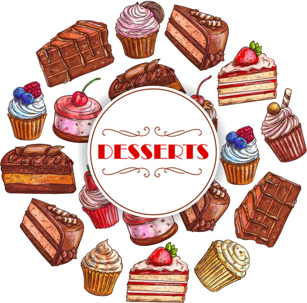 Dessert cakes and cupcakes vector poster Cakes and cupcakes desserts vector poster of pies, chocolate and fruit tarts, muffins and biscuits or cookies, donuts and pudding. Design bakery shop, pastry and patisserie or confectionery menu ice cream with wafer rolls stock illustrations