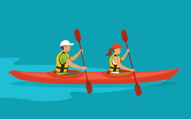 ilustraciones, imágenes clip art, dibujos animados e iconos de stock de pareja remando en kayak doble en el agua - rowboat nautical vessel men cartoon