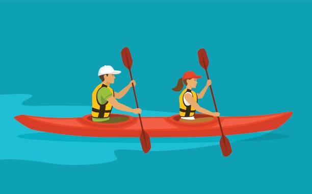пара paddling в двойной каяк на воде - rowboat nautical vessel men cartoon stock illustrations
