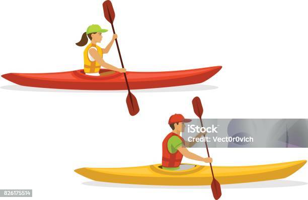 Man And Woman Kayaking Isolated Stock Illustration - Download Image Now - Kayak, Canoe, Vector
