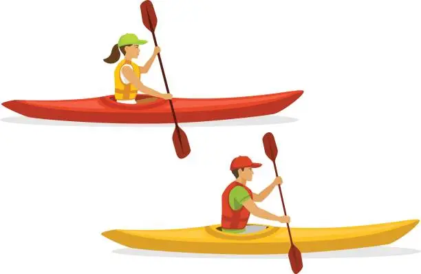 Vector illustration of Man and woman kayaking. isolated