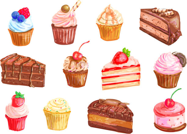 ilustraciones, imágenes clip art, dibujos animados e iconos de stock de pastel y cupcake postre acuarela diseño - tarta postre