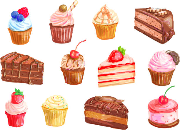 pasta ve kek tatlı suluboya set tasarımı - pasta illüstrasyonlar stock illustrations