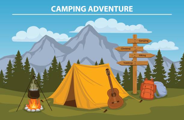 Campsite with  camping tent, rocky mountains, pine forest, guitar, pot, campfire, hiking backpacks , directional sign. outdoor tourism scene Campsite with  camping tent, rocky mountains, pine forest, guitar, pot, campfire, hiking backpacks , directional sign. outdoor tourism scene wilderness area stock illustrations
