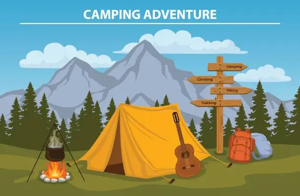 Vector illustration of Campsite with  camping tent, rocky mountains, pine forest, guitar, pot, campfire, hiking backpacks , directional sign. outdoor tourism scene