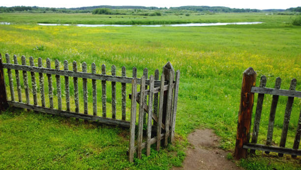 An open gate in a wooden fence and a green meadow beyond it, the path in the frame . Cloudy summer or late spring outside the city stock photo
