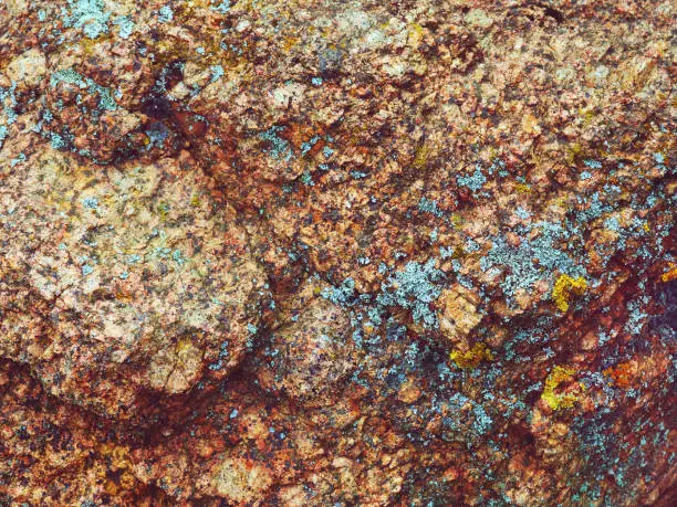 Red and green stone rock with lichen moss background