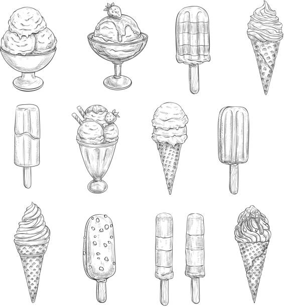 Ice cream vector sketch icons of fresh desserts Ice cream sketch vector icons. Isolated set of frozen desserts, fruit or berry soft ice cream scoops in wafer cones, chocolate glaze sundae or berry sorbet in candy or caramel fondant and wafer cookie handful stock illustrations