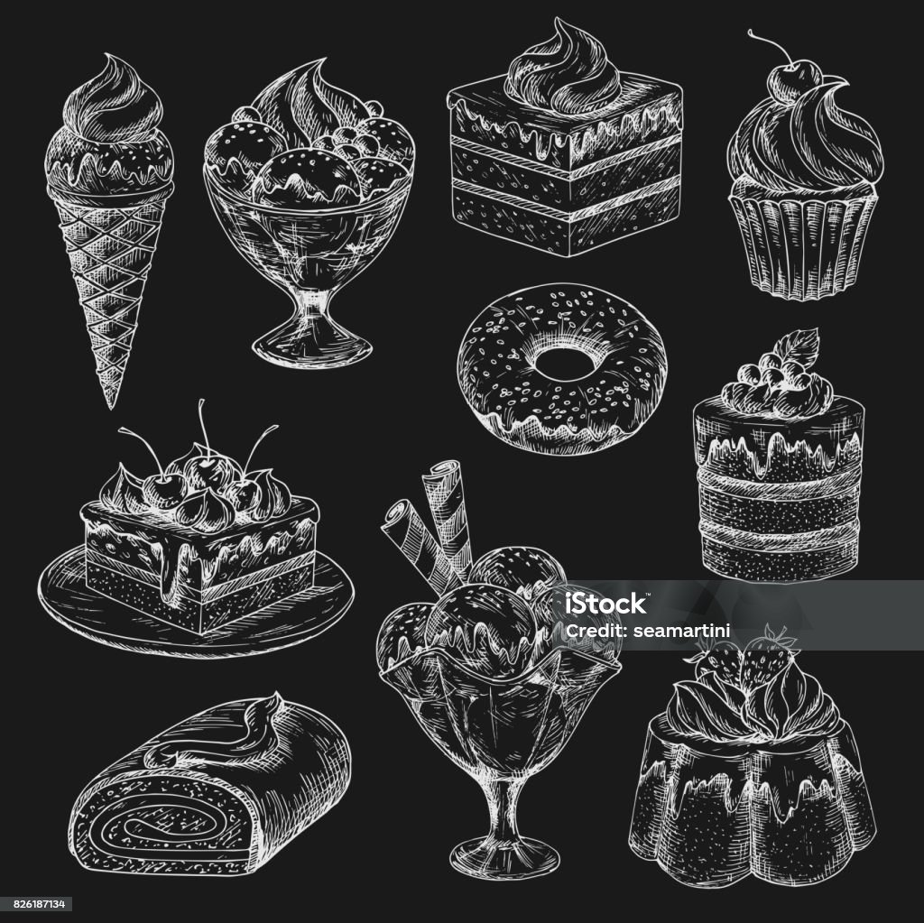 Cake and ice cream chalk sketch on blackboard Cake and ice cream chalk sketch on blackboard. Cake, cupcake, donut, ice cream cone and sundae dessert, muffin, fruit pudding, berry pie, chocolate swiss roll for bakery and pastry menu board design Dessert - Sweet Food stock vector