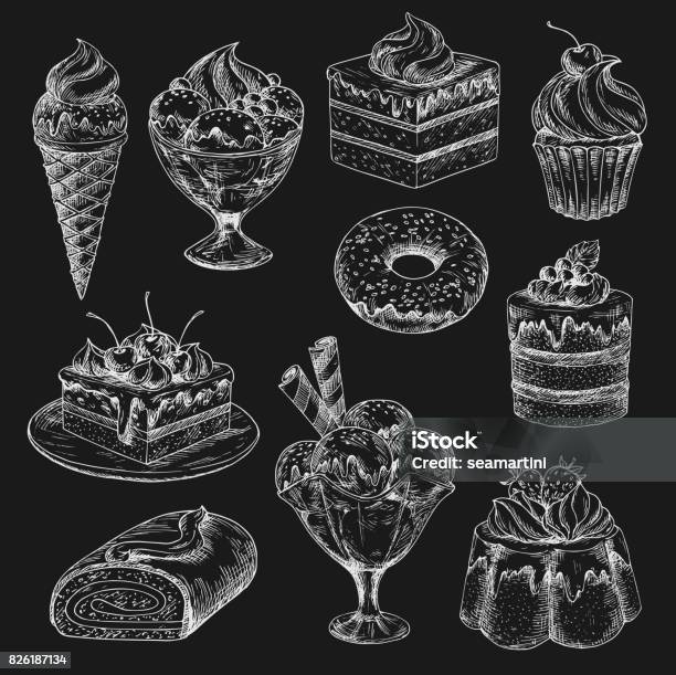 Cake And Ice Cream Chalk Sketch On Blackboard Stock Illustration - Download Image Now - Dessert - Sweet Food, Sketch, Chalkboard - Visual Aid