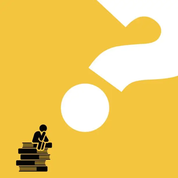 Vector illustration of Man sitting on books pile thinking