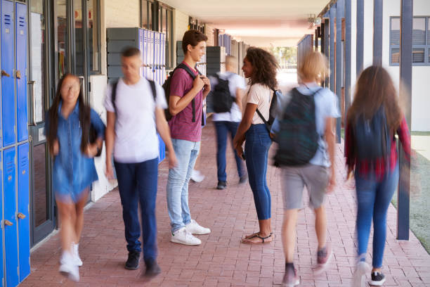 istock Teenage classmates stand talking in school hallway 826212370