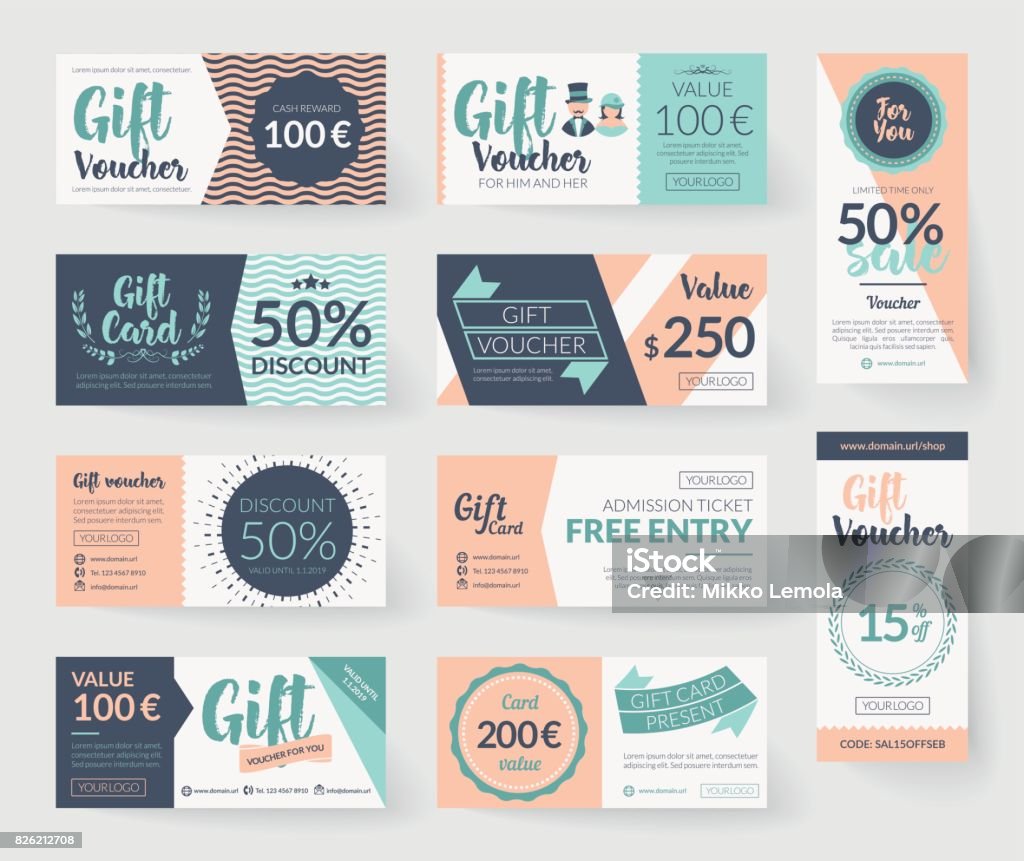 Romantic vintage style vector gift voucher templates Vector gift voucher illustrations. Vintage style design, romantic color palette, resources and elements.  Background template for gift card, discount coupon and entry ticket. Gift Certificate or Card stock vector