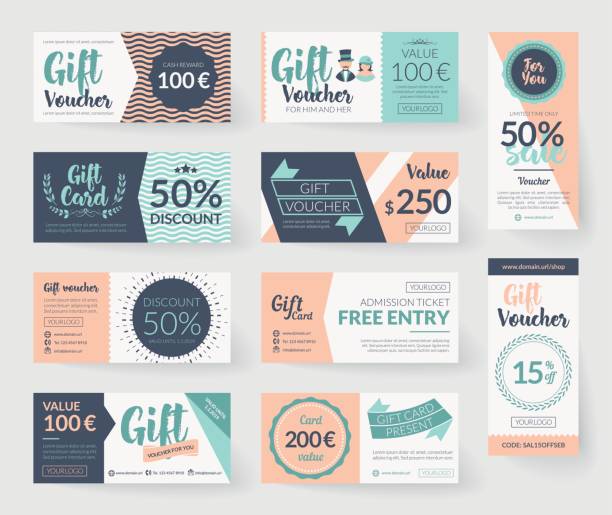 Romantic vintage style vector gift voucher templates Vector gift voucher illustrations. Vintage style design, romantic color palette, resources and elements.  Background template for gift card, discount coupon and entry ticket. coupon stock illustrations