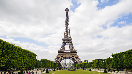 Eiffel Tower in Paris, France. The Eiffel tower was created by Gustave Eiffel and the construction was completed in 1889