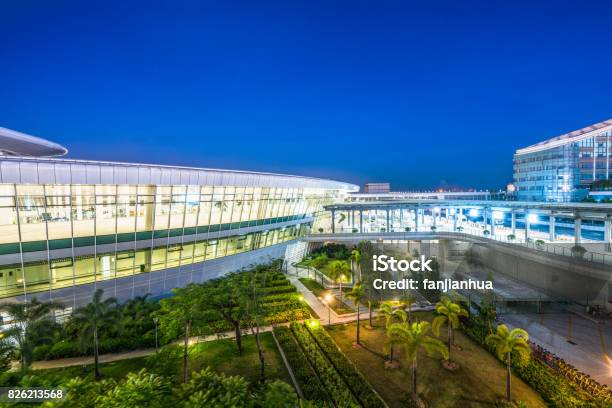 Illuminated Baoan International Airport Building In Shenzhen Stock Photo - Download Image Now
