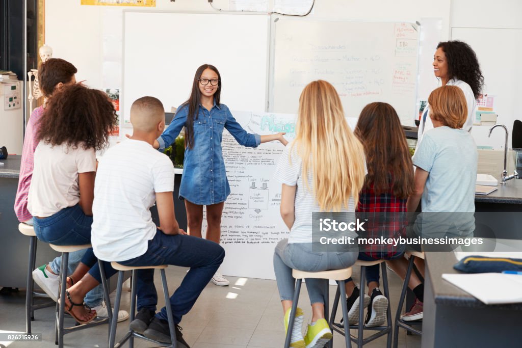 Schoolgirl presenting in front of science class, close up Presentation - Speech Stock Photo