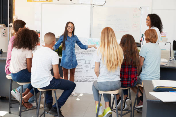 Schoolgirl presenting in front of science class, close up Schoolgirl presenting in front of science class, close up whiteboard visual aid stock pictures, royalty-free photos & images