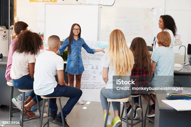 Schoolgirl Presenting In Front Of Science Class Close Up Stock Photo - Download Image Now