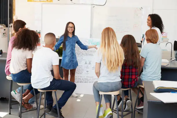 Photo of Schoolgirl presenting in front of science class, close up