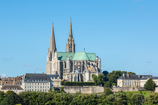 The south-eastern view of The Cathedral of Our Lady of Chartres, France.