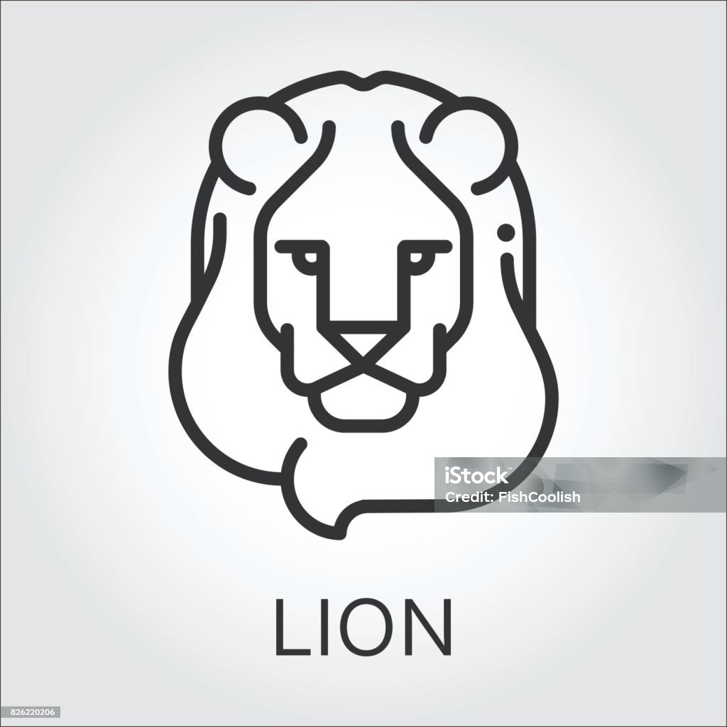 Lion black icon style line art, head wild animal. Black flat simple icon style line art. Outline symbol with stylized image of a head of a wild animal lion, leo. Stroke vector symbol mono linear pictogram web graphics. On a gray background. Lion - Feline stock vector