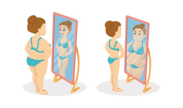 ilustrações de stock, clip art, desenhos animados e ícones de fat and skinny women in the mirrors. - anorexia