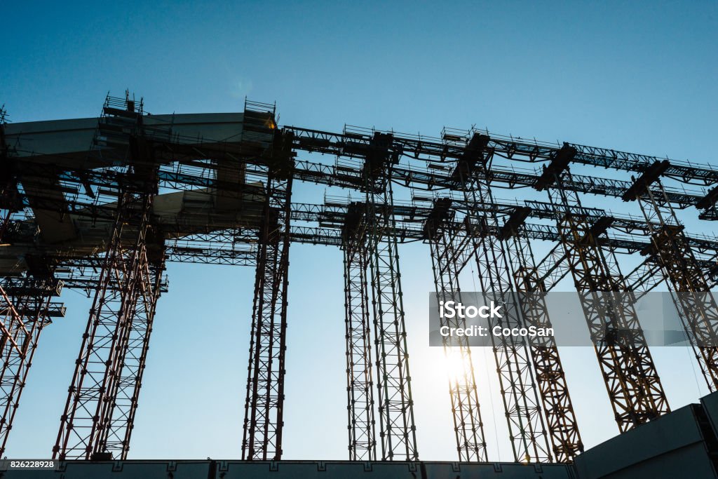 Construction machinery on construction site Machines on construction site Bridge - Built Structure Stock Photo