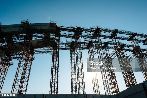 Construction Machinery On Construction Site Stock Photo - Download Image Now - Bridge - Built Structure, Building - Activity, Construction Industry