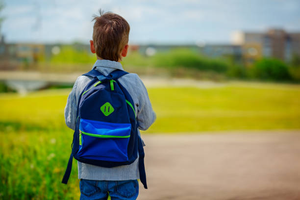 istock Child going back to school with backpack on green nature background. Back view 826229176