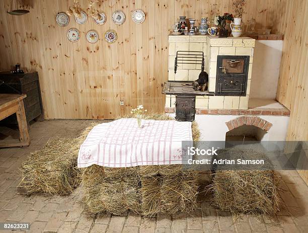 Farmhouse Kitchen With Haybales For Table Stock Photo - Download Image Now - Farmhouse, Wood - Material, High Angle View