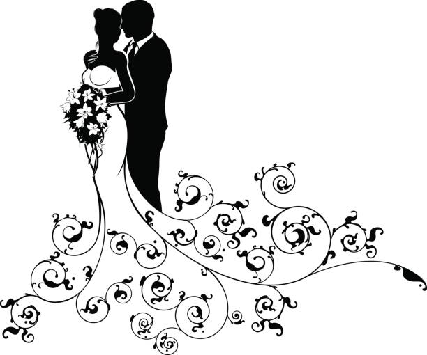 illustrazioni stock, clip art, cartoni animati e icone di tendenza di sposa e sposo coppia matrimonio silhouette abstract - bride backgrounds white bouquet